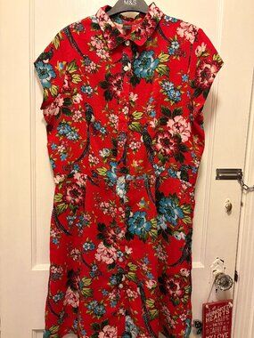 City Streets red floral button down dress
